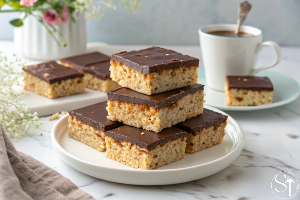 Stack of healthy chocolate covered rice krispie treats on a white plate