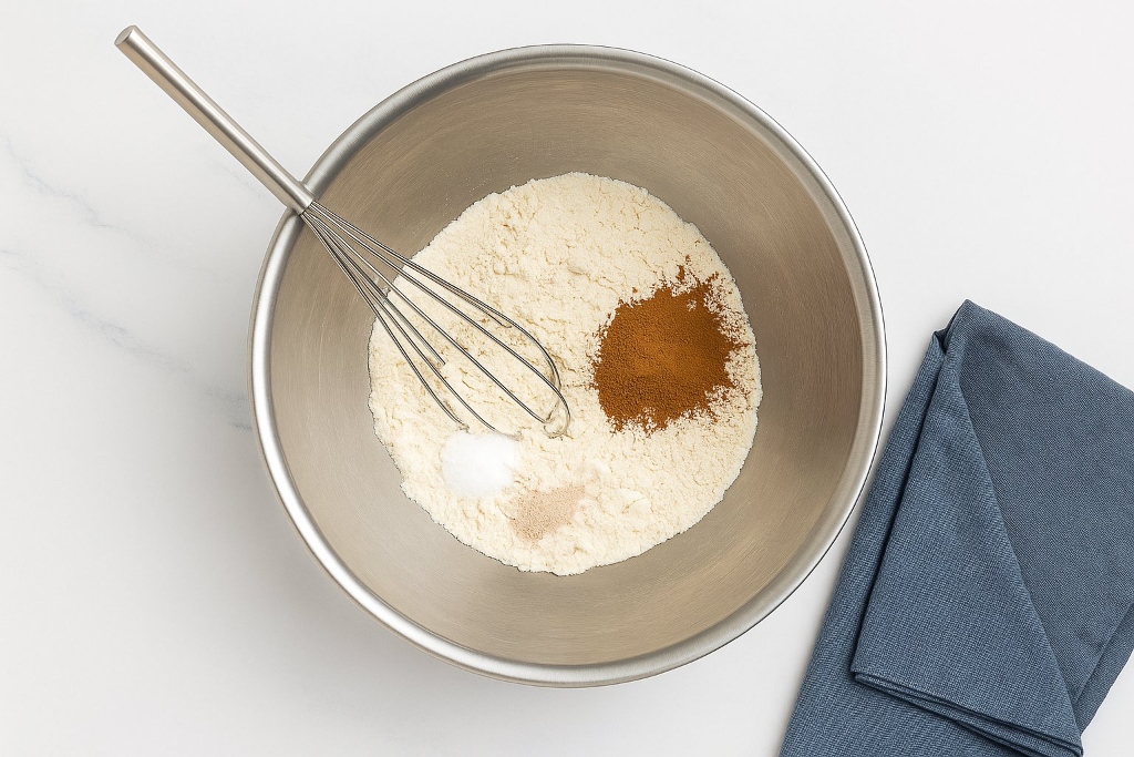 Mixing flour and cinnamon in a large bowl with a whisk