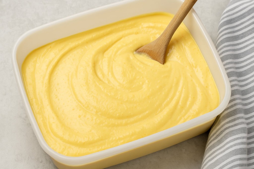 Silky blended mango cottage cheese ice cream mixture in a container, ready for freezing.