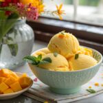 Bowl of creamy mango cottage cheese ice cream, topped with mango cubes and mint, ready to enjoy as a healthy dessert.
