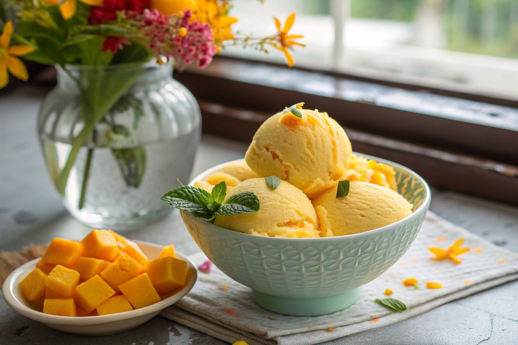 Bowl of creamy mango cottage cheese ice cream, topped with mango cubes and mint, ready to enjoy as a healthy dessert.