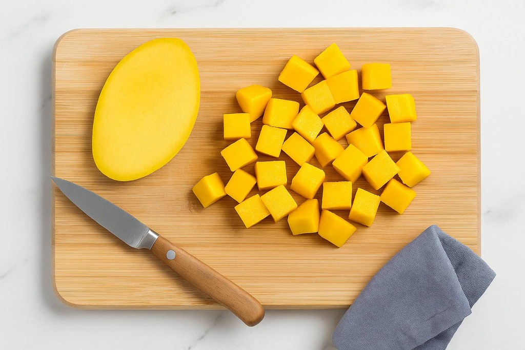 fresh mango cut into cubes on a board for mango cottage cheese ice cream.