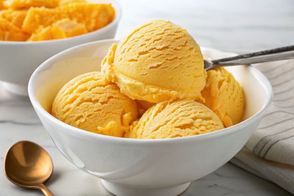 Creamy scoops of homemade mango cottage cheese ice cream in a white bowl, showing smooth texture.