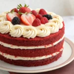 Layered red velvet cake with cream cheese swirls and berries